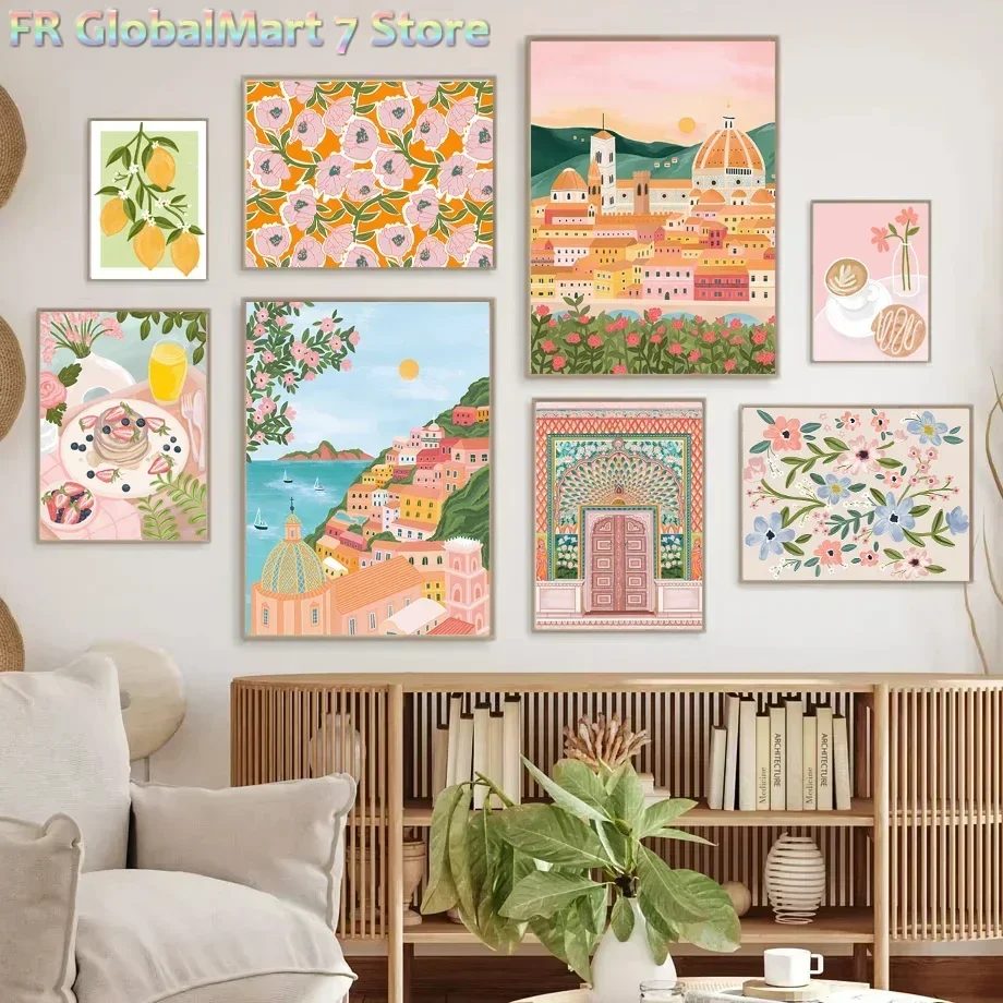 1pc Diamond painting  Santorini Lemon Coffee Flowers Abstract Landscape Posters and Prints Wall Art Diamond Painting Pictures