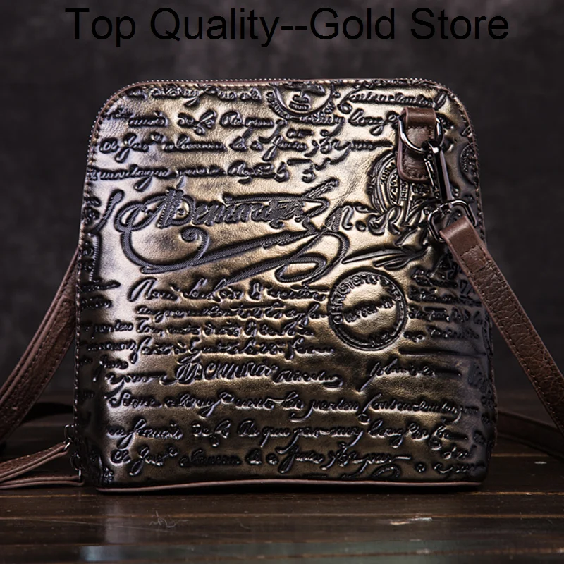 

High Quality Genuine Leather Women Shoulder Bags Pouch Embossed Letter Pattern Vintage Natural Skin Cross Body Messenger Bag