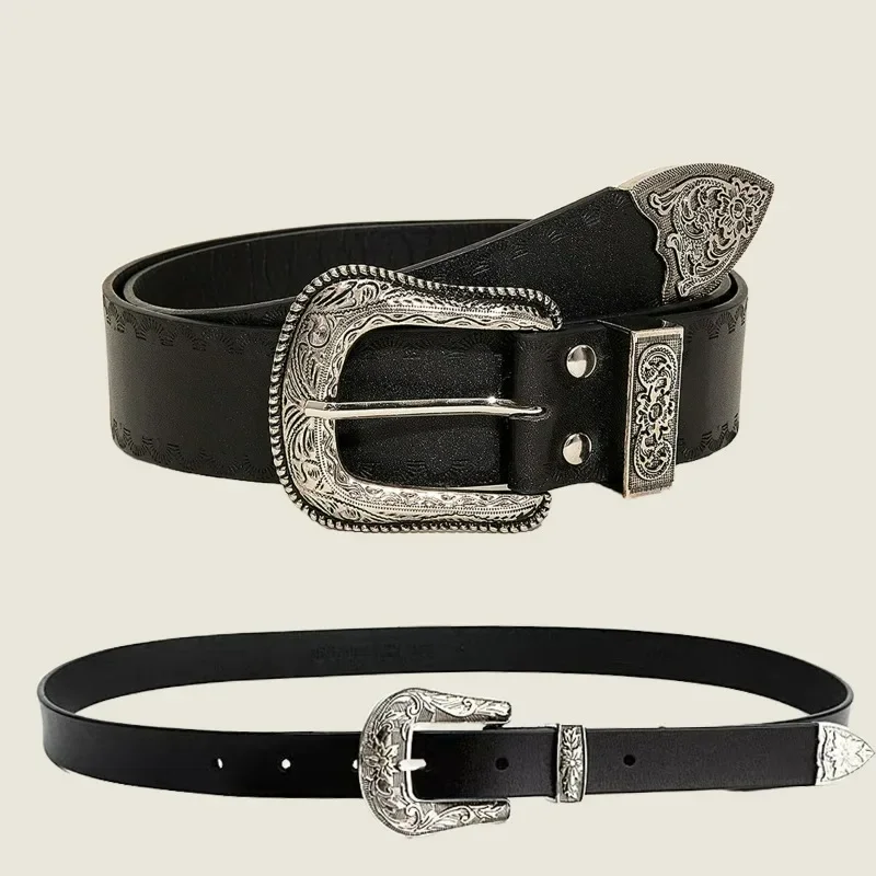 

Vintage Western Carved Belt Metal Needle Buckle for Women Jeans Pu Leather Black Punk Hip Hop Rock Style Waistband Accessories