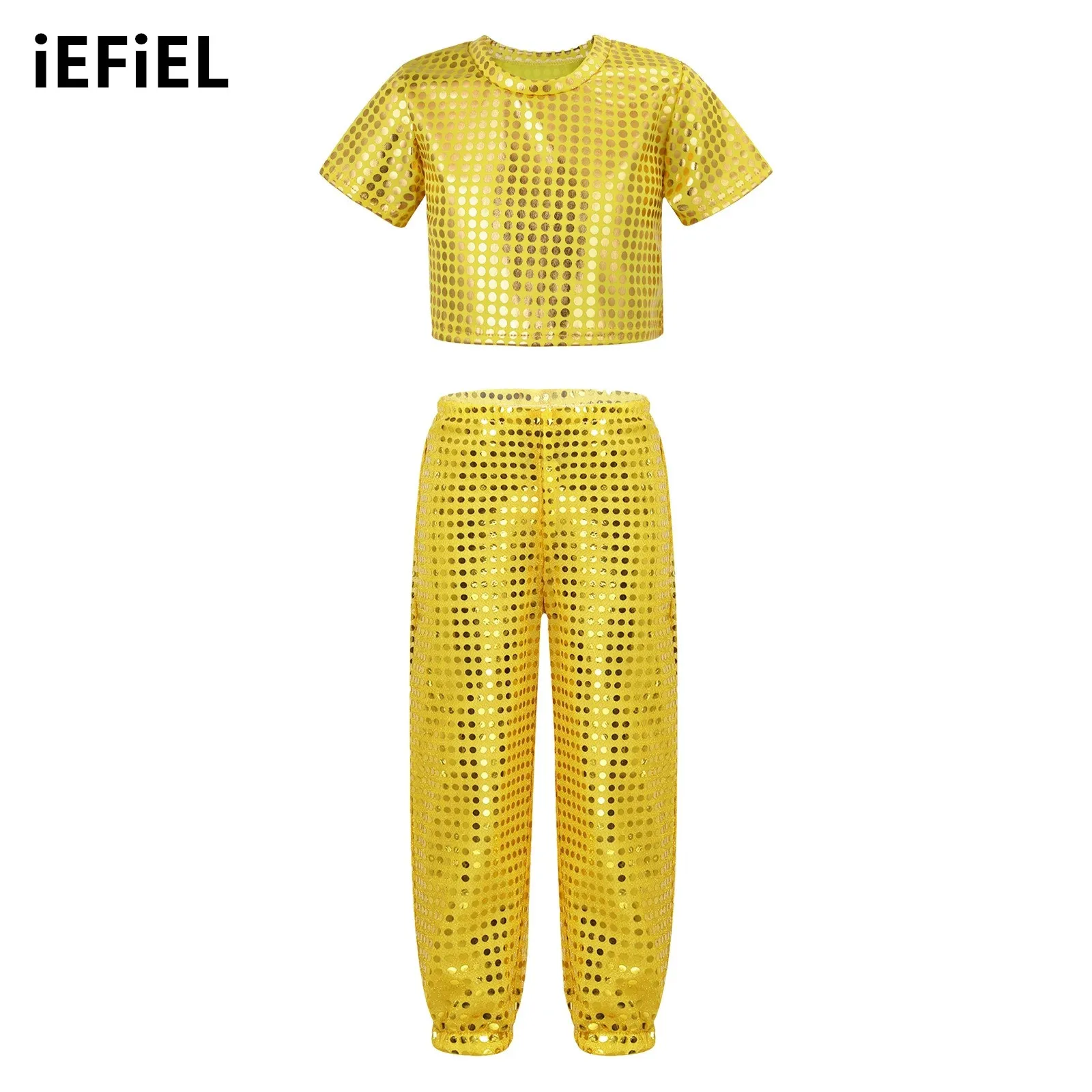 

Unisex Kids Boys Girls Jazz Dance Set Shiny Sequins Short Sleeve Neckline Crop Top with Elastic Waistband Pants for Performance