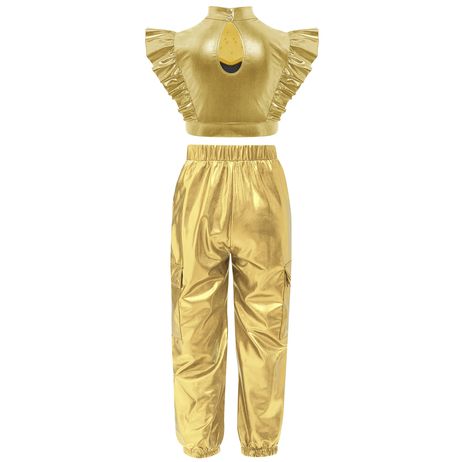 Kinderen meisjes hiphop jazzdanssets strass patchwork mouwloze metallic ruches crop top met cargobroek street wear outfit
