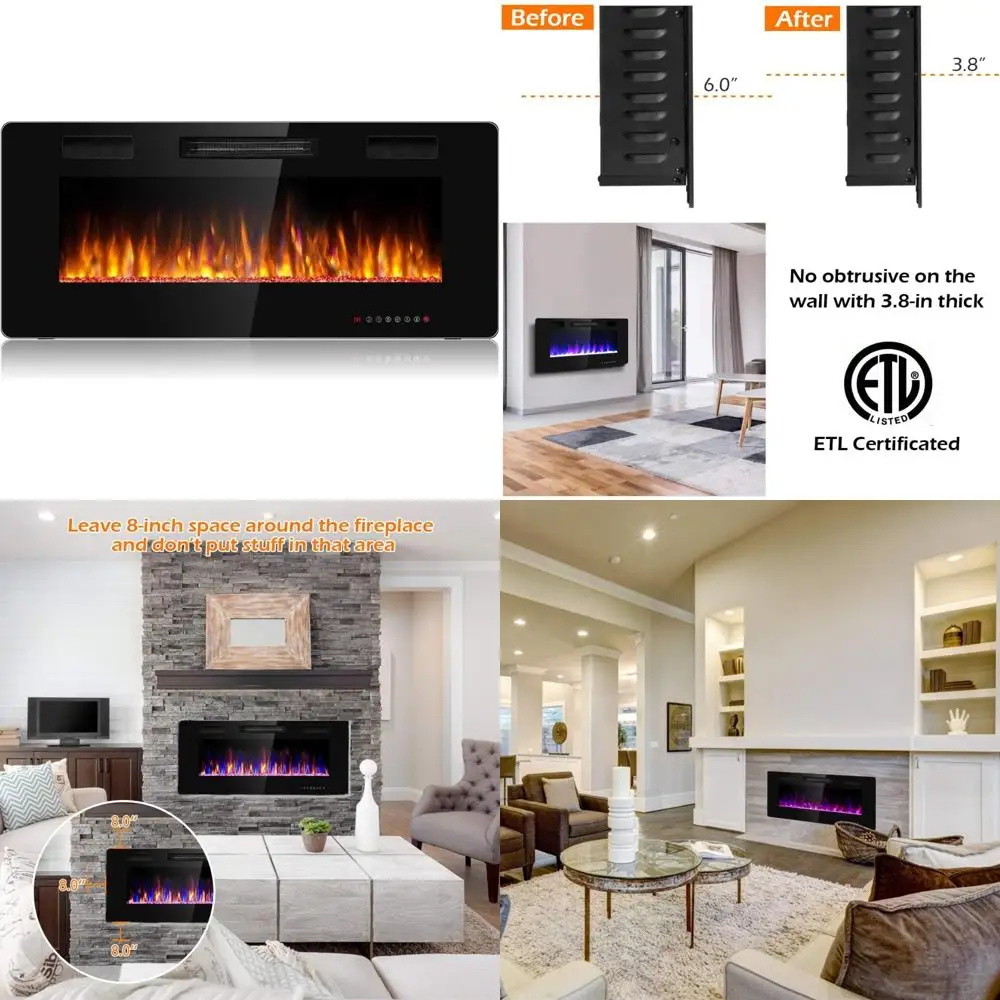 

42 Wall-Mounted Electric Fireplace Heater, Adjustable Flame & Speed, Recessed Mount Design