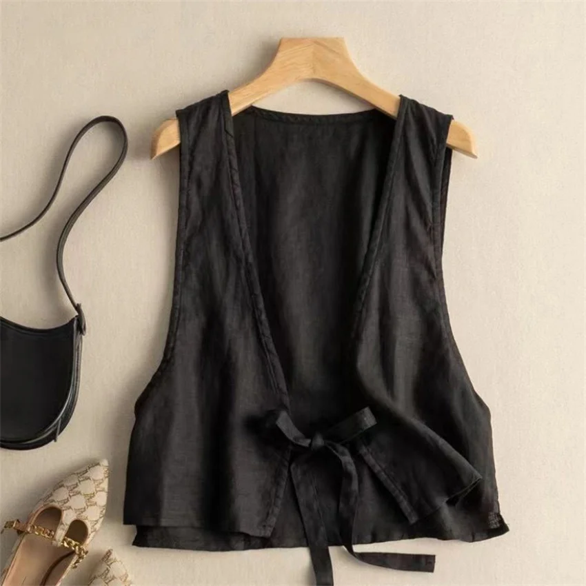 2023 New Women Cotton and Linen Vest Fashion Lady Solid Vests Big Size Slim Female Sleeveless Coat Jackets Short Paragraph 2237