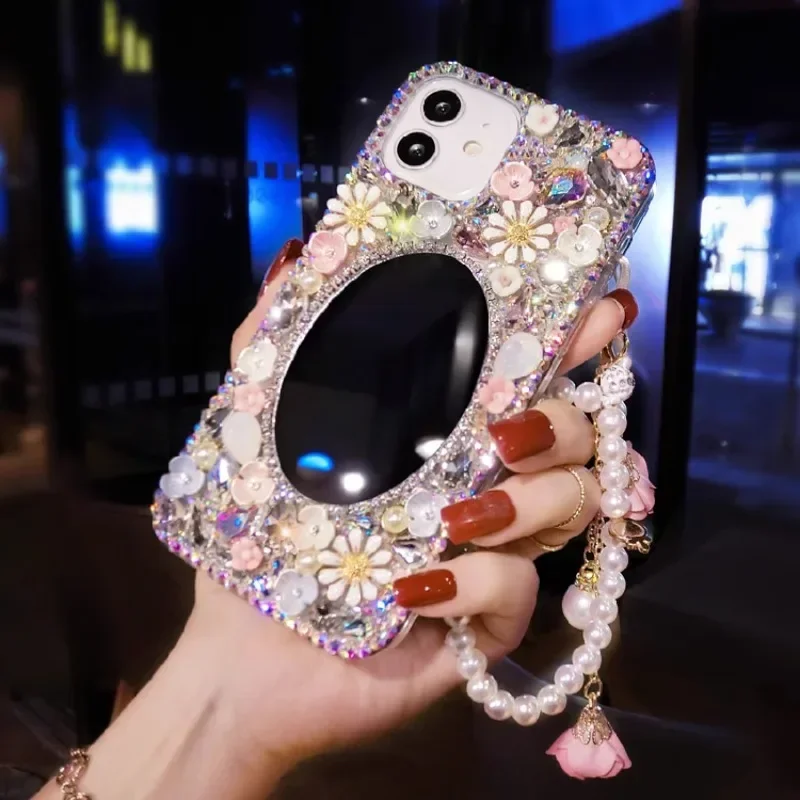 

Luxury Bling Rhinestone Mirror Color Flower Case for iPhone, Case for iPhone 16 Plus 15Pro, 14Plus, 13 Pro, 12 Mini, 11Pro MAX