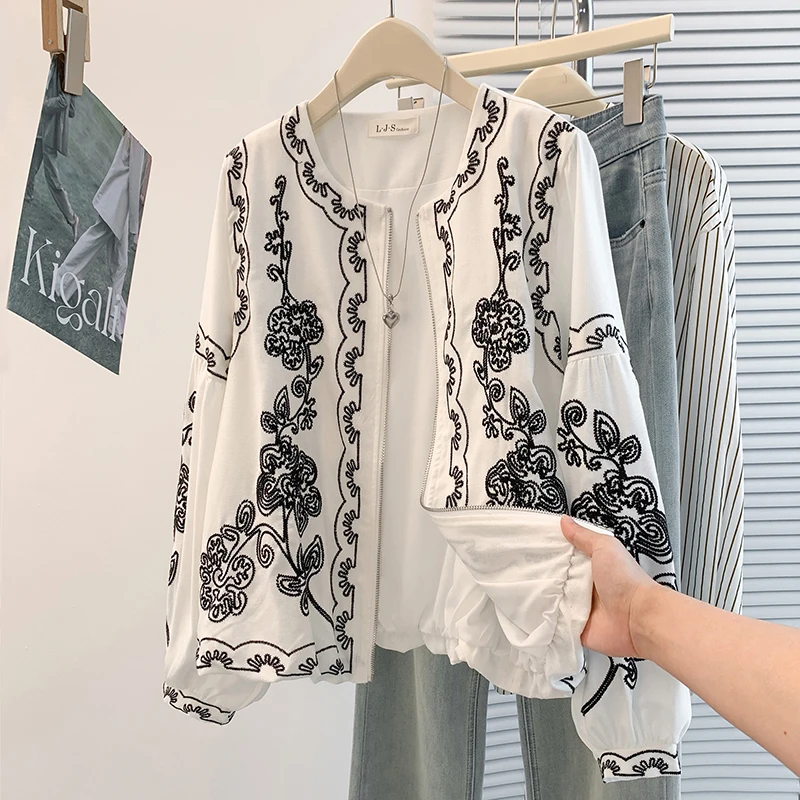 Bohemian Style Short Zipper Jacket Heavy Embroidery Versatile Cotton Blend Women's Shirt for Spring Autumn Ages Reducing
