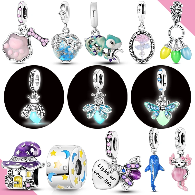 

925 Silver Charms Luminous Beads Firefly Chameleon Fit Original Bracelet Pendant Diy For Woman Jewelry