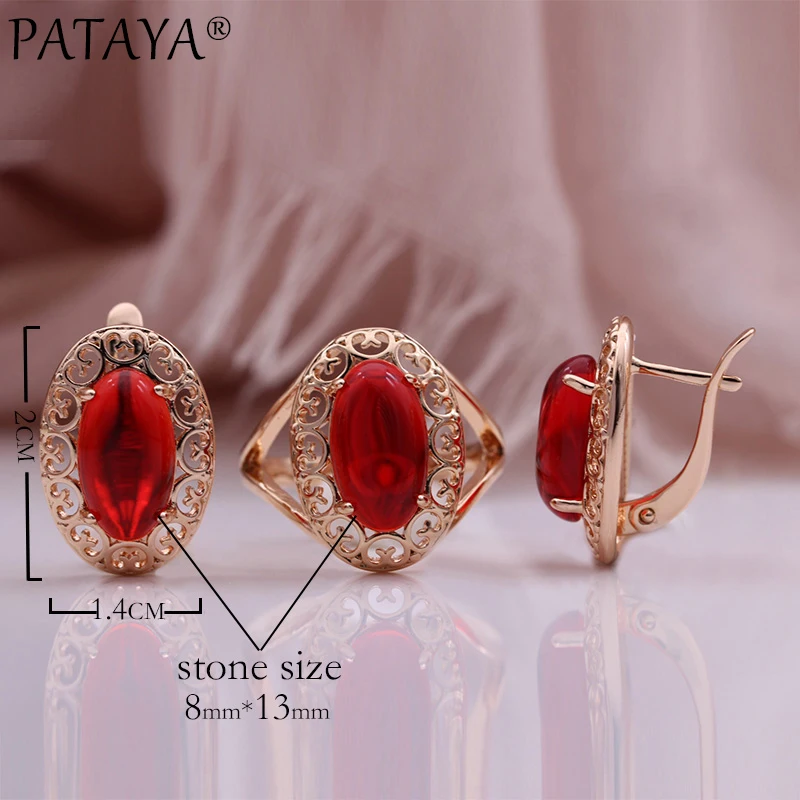 PATAYA New Oval Red Natural Zircon Earrings Ring Set 585 Rose Gold Color Fashion Women Jewelry Creative Wedding Party Set