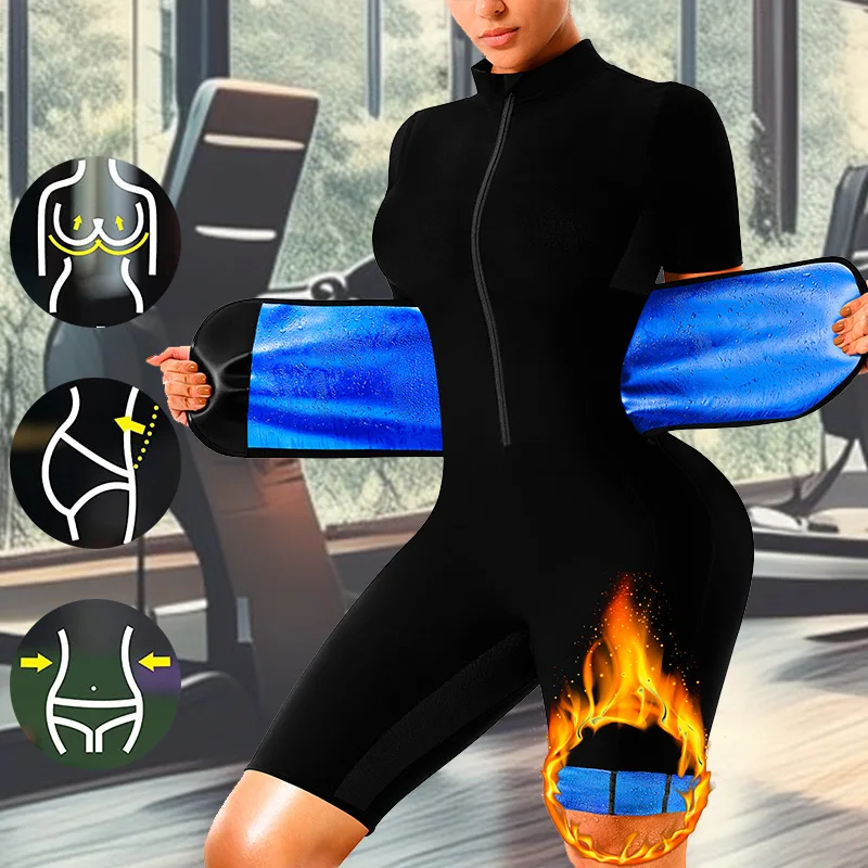 Women's 4-In-1 Short Sleeve Shorts Sauna Sweat Suits Full Body Fat Workout Weight Loss Slimming Shaper Waist Trainer Jumpsuits