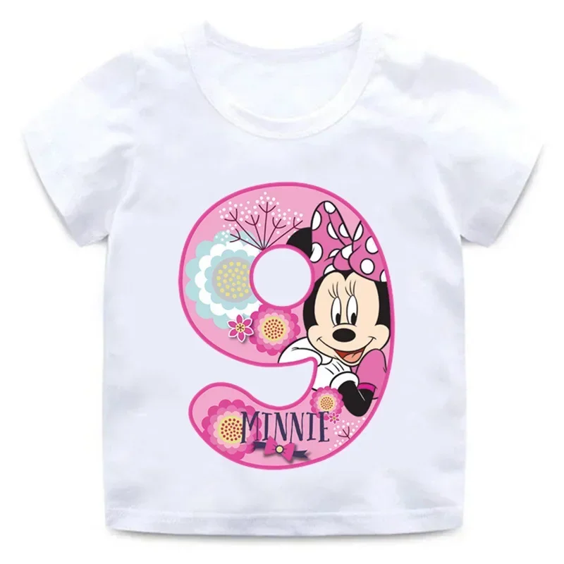 New Minnie Mouse Birthday Number Print Children T-Shirt Kawaii Tees Tops Girls T Shirt Anime Cartoons Casual Kid Summer Clothing