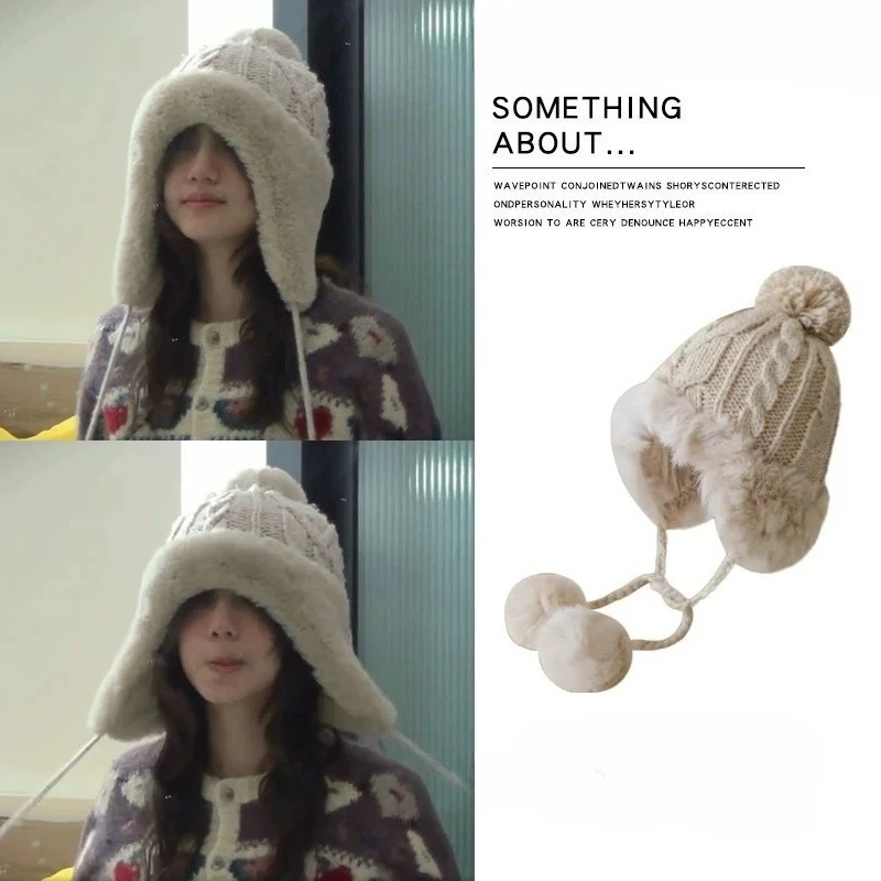 Winter Cartoon Warm Knitted Earflap Hat for Women Thick Fleece Lined Trapper Cap with Pom Pom Windproof Cold Weather Beanie