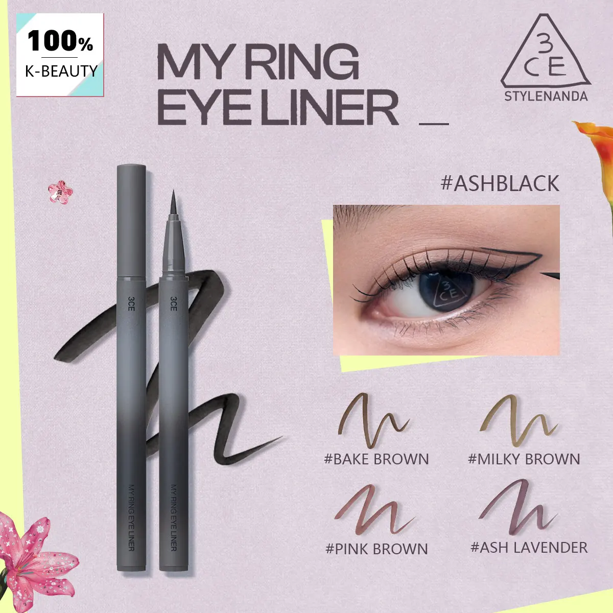 3CE MYRING EYELINER,Smudge-Proof Eyeliner,Creamy Smooth Texture,Non-Clumping,All-Day Wear,Korean Cosmetic,Korean Makeup