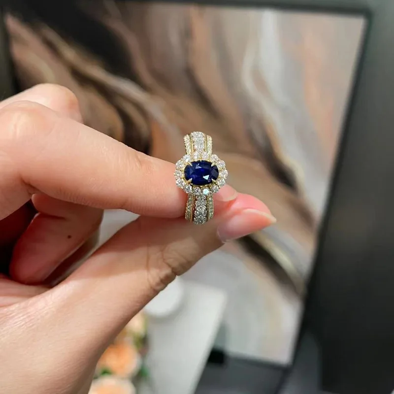 100% Original Certified PT950 French lace edge simulated sapphire 6*8mm oval luxury 18K white gold fashion ring