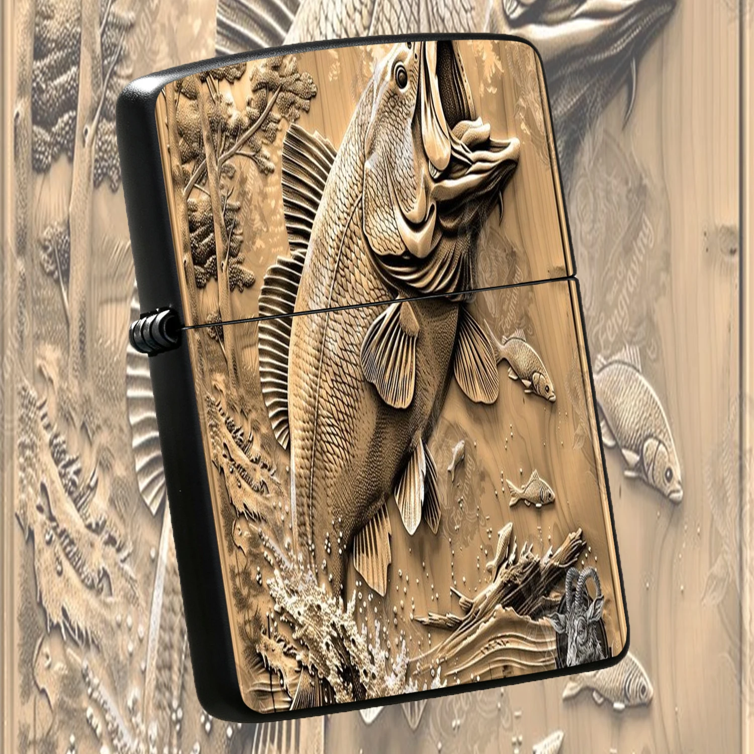 Creative Wood Carving Style Leaping Bass Decorative Lighter, Retro Relief Lakeside Nature Scene, Ideal Gift For Outdoor Enthusiasts, Exquisite Practical Accessory For Camping Fishing Daily Carry, Fine Collectible Ornament For All Occasions