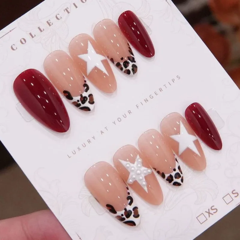 Handmade Medium Almond Press On Nails Wine Red Leopard Print White Star Pearl Decor Fake Nails Retro Y2K Hot Girl Stylish Reusab