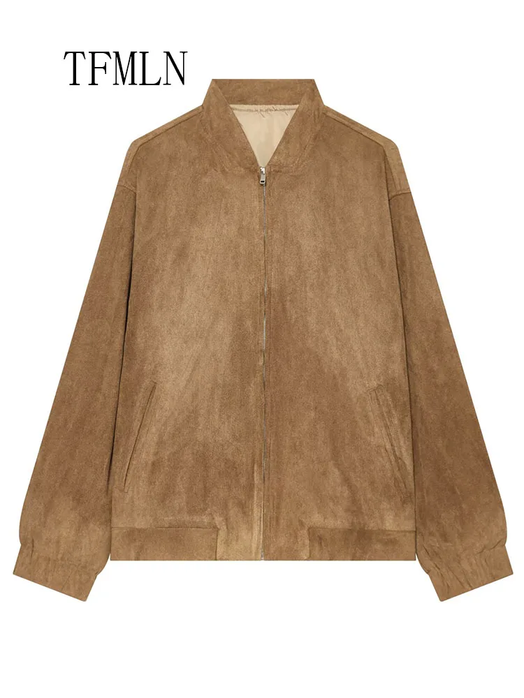 2026 Autumn New Women Solid Bomber Jackets Fashion Chic Causal Loose Long Sleeve Zipper Coats Vintage High Street Outwears