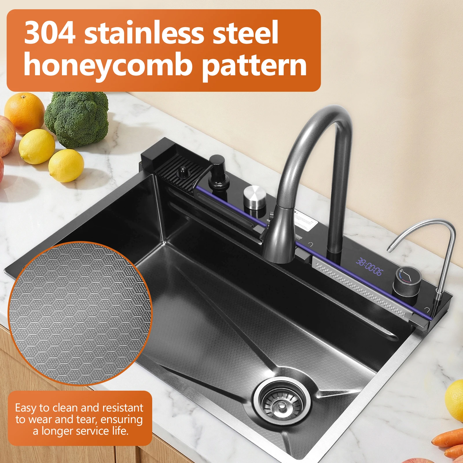 

Integrated Workstation Sink Digital Display Embossed Large Single Groove with Pull-Out Swivel Faucet With Pressurized Cup Washer