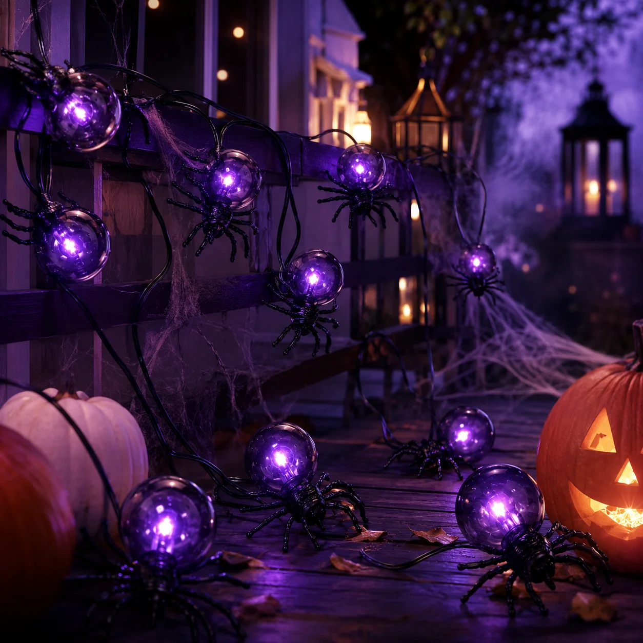 Halloween String Lights Spider Garland Fairy Lights Battery Powered 5.2M 15LED Purple for Porch Door Window Haunted House Decor