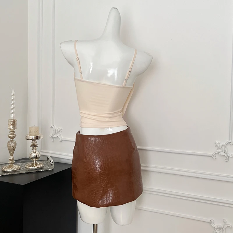 Vintage Women Suits French Camisole Tops Early Autumn Chiffon Blouse with Chest Pad Elegant Office Ladies PU Skirts with Shorts