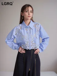 LGRQ Women's Hollow Out Flower Design Shirt Fashion Long Sleeve Striped Lapel Single Breasted Blouse 2024 Summer New Clothing