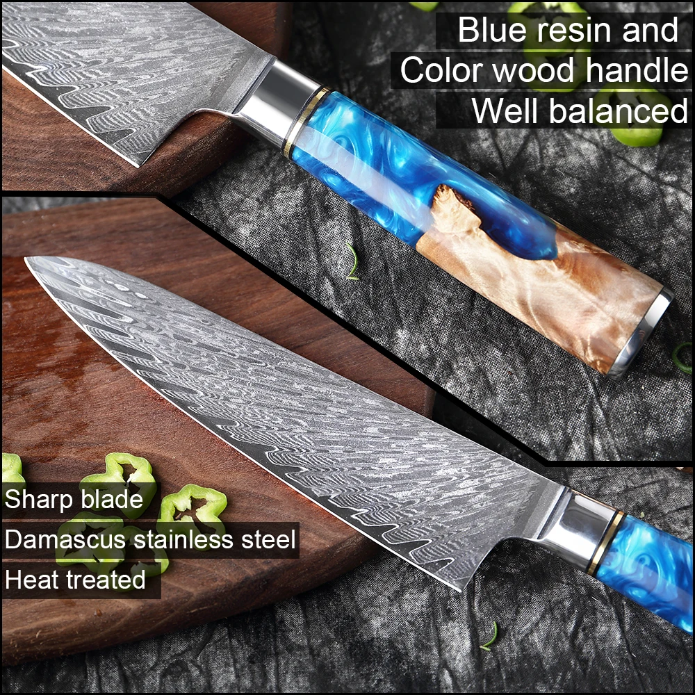 XITUO Professional Kitchen Chef Knife Set Damascus Steel Japan VG10 Premium Blue Resin and Colored Wooden Handle Cooking Knife