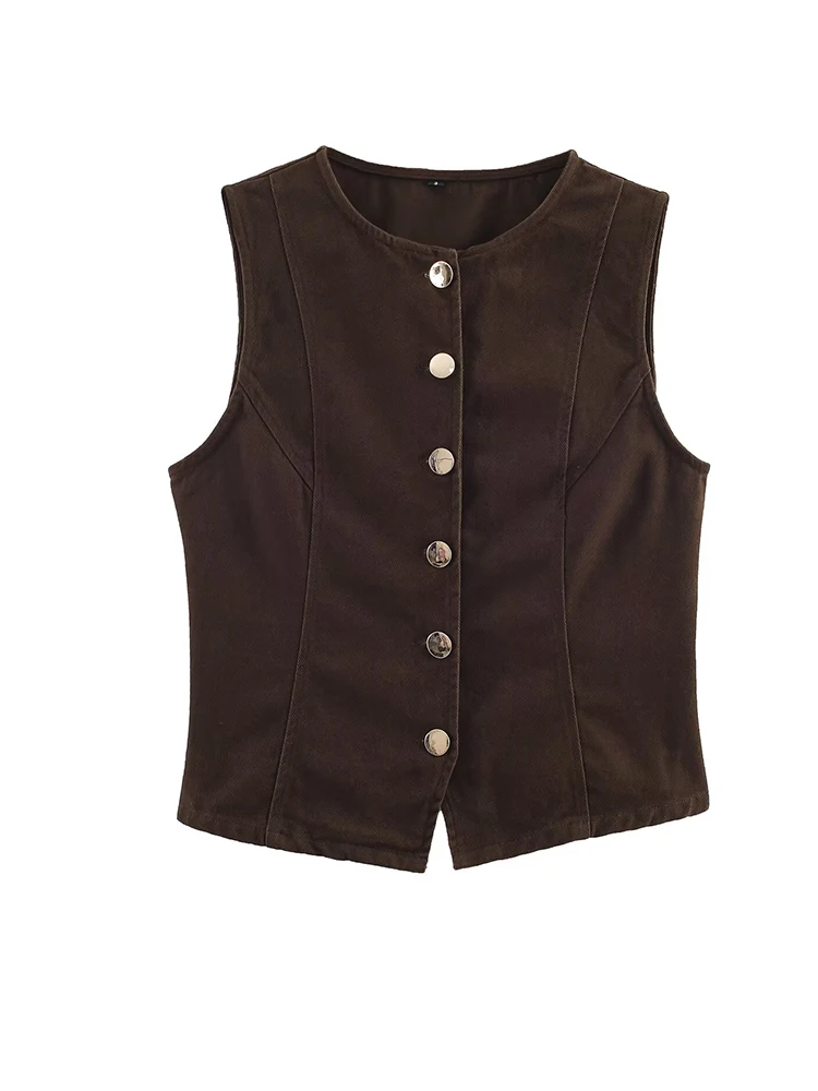 

Женский кофейный джинсовый жилет без рукавов, золотые однобортные майки