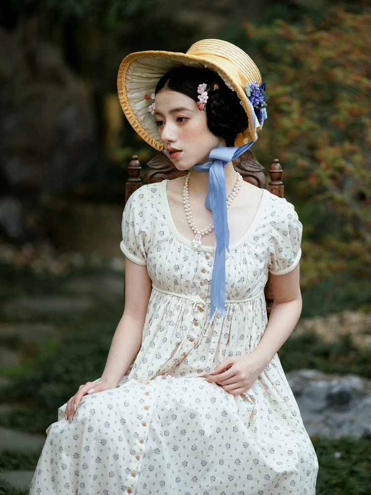 

90-98cmBust Summer 100%Cotton Floral Maxi Dress Women Vintage Elegant Edwardian Printed Lace Trim Short Sleeve Lightweight Dress