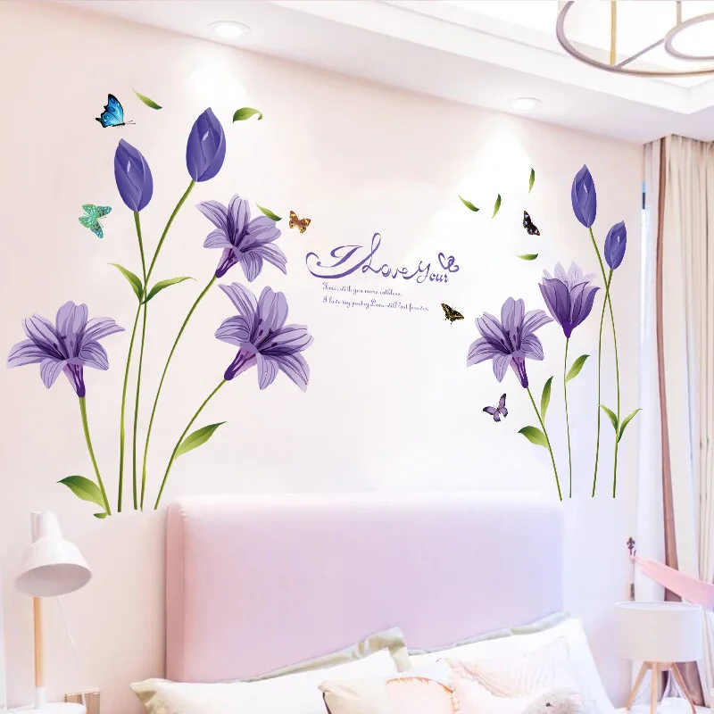 

Romantic Purple Lily Flower Wall Sticker TV Sofa Decoration DIY Art Living Room Decorative Home Decor Wallpaper
