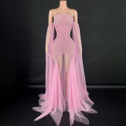 Robe de Soirée Transparente Sexy Sans Bretelles avec Perles, Tenue de Scène, Costume de Spectacle, de Bal, de Discothèque, de Bar, d'Anniversaire, de Chanteur