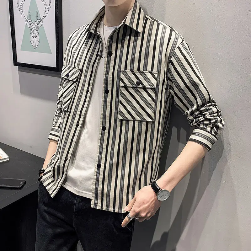 Spring Autumn New Fashion Elegant Polo Collar Clothing Long Sleeved Stripes Versatile Commuting Loose Comfortable Men's Shirts