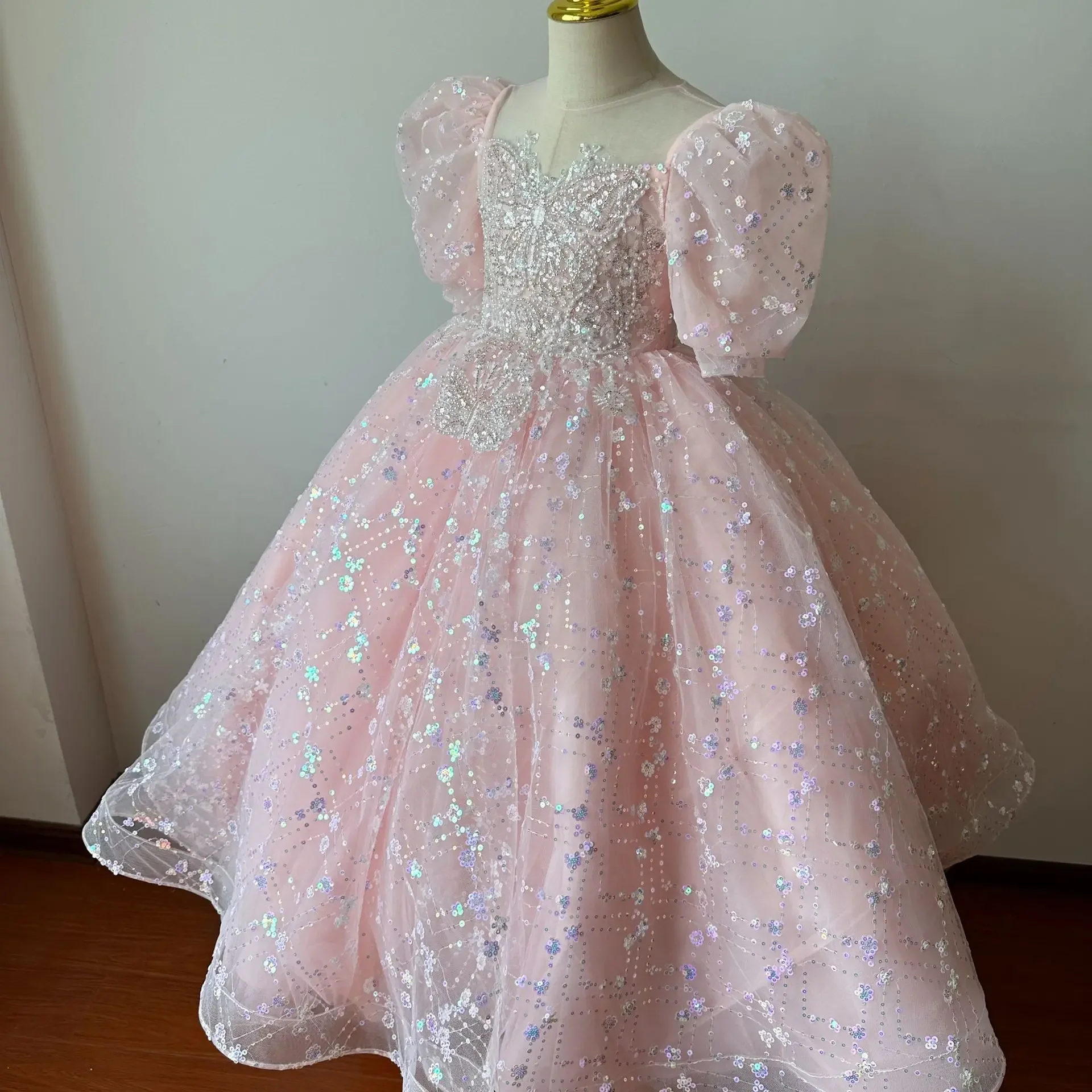 Abito da ragazza di fiori Abito da sposa Primo abito da festa di Natale Abito da cerimonia formale per bambini con paillettes e maniche a sbuffo Organza 