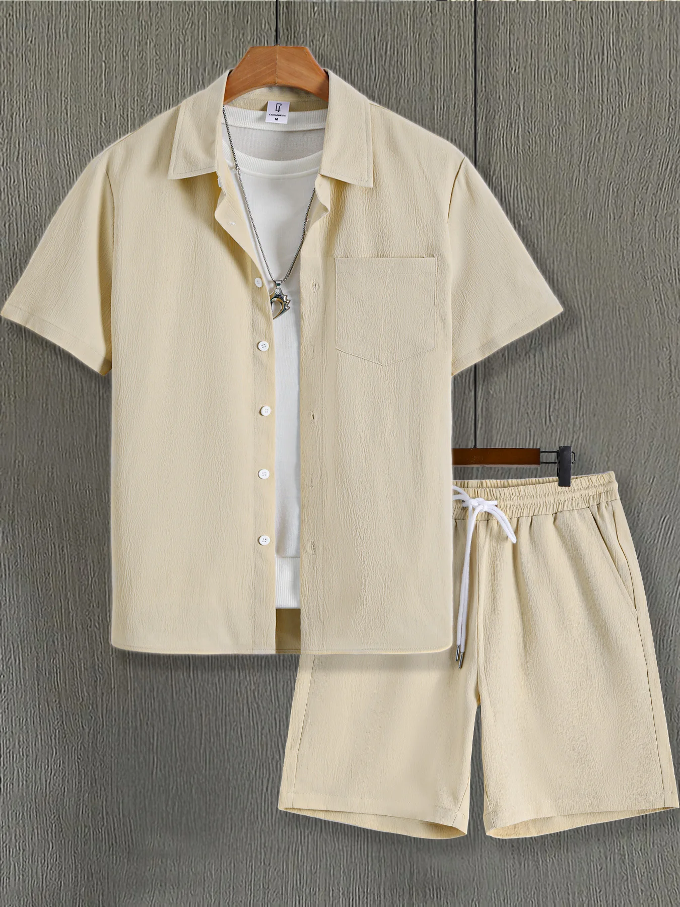 

Men's Apricot Pleated Casual Set 2 Piece Short Sleeve Shirt & Drawstring Shorts Outfit