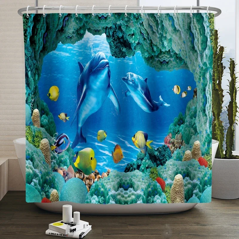 Sea Animals Shower Curtain 3D Dolphin Turtle Octopus Jellyfish Undersea World Bathroom Decoration Kids Polyester Bathtub Curtain