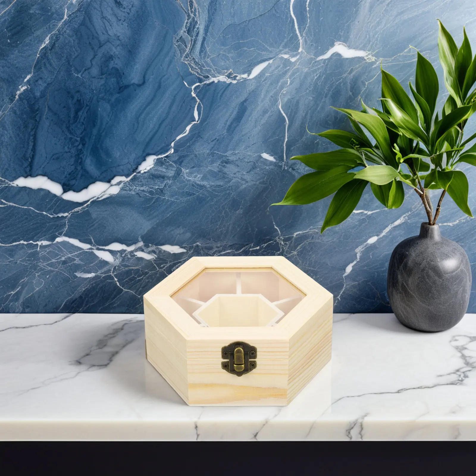 1Pcs Chic Hexagon Jewelry Box Natural Wood Grain Storage Box for Jewelry Organizing DIY Craft Kit Compact Desk Drawer Display