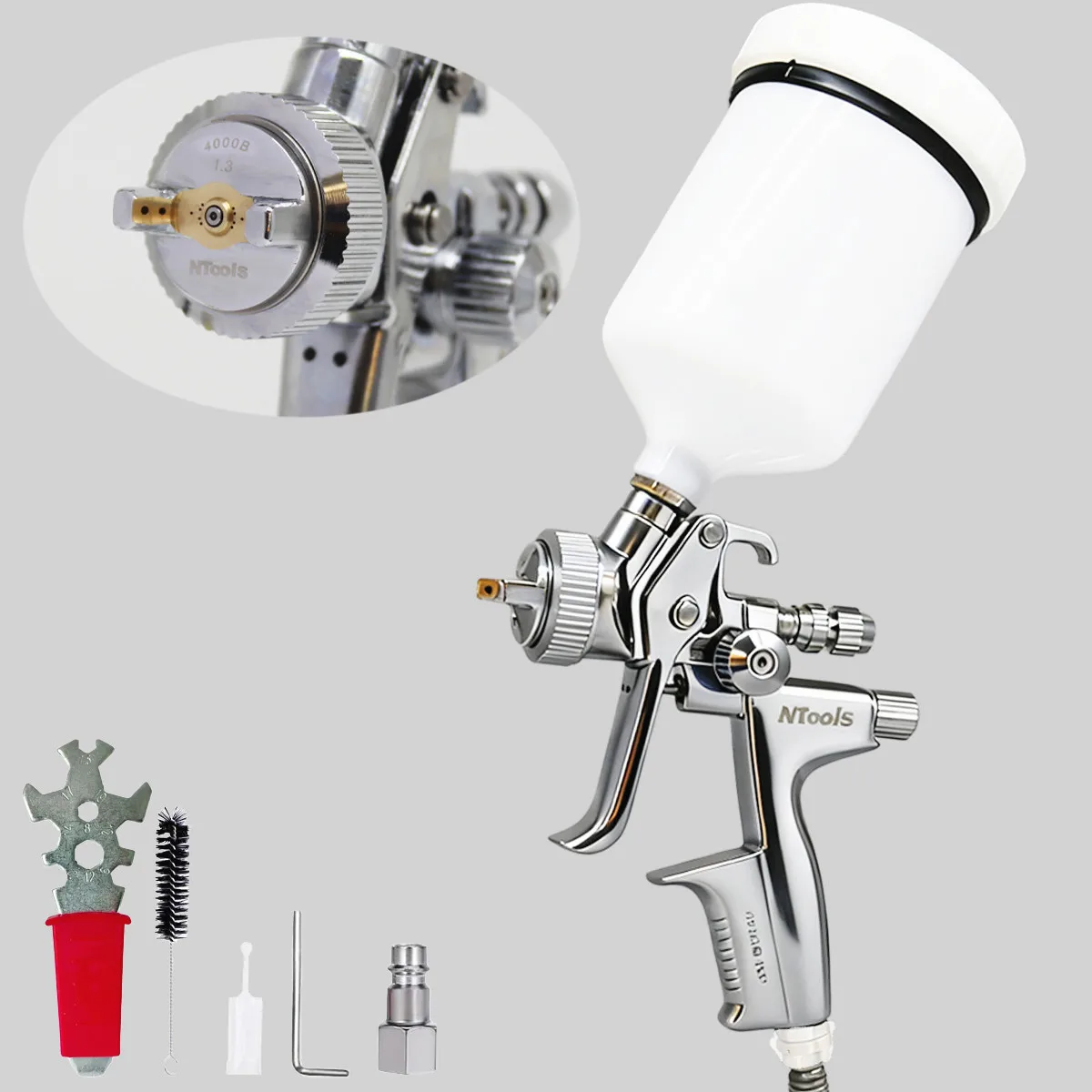 NTOOLS Pneumatic Spray Gun 1.3mm Stainless Steel Spray Nozzle 600ml Pot Car Furniture Spray Paint Clear Atomization