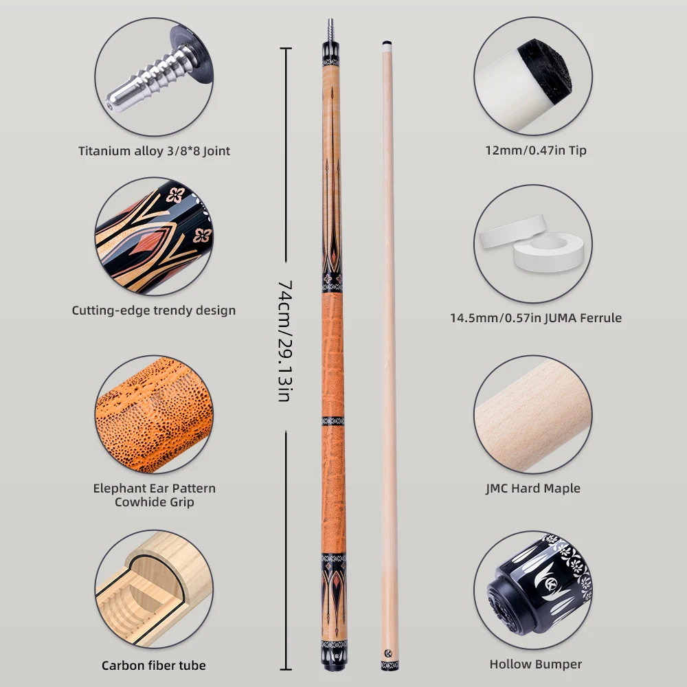 KONLLEN Maple Pool Cue K Series Low Deflection Profession Ultra-smooth Billiard Pool Sticks with Carbon Tube Inside and 12mm tip