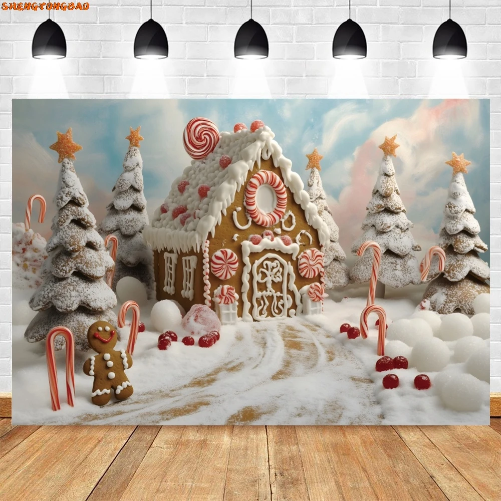 الأبيض الثلوج الصنوبر الغابات الزنجبيل منزل خلفية قصب الحلوى مصاصة كوكي رجل الاطفال صورة التصوير خلفية ديكور الدعامة
