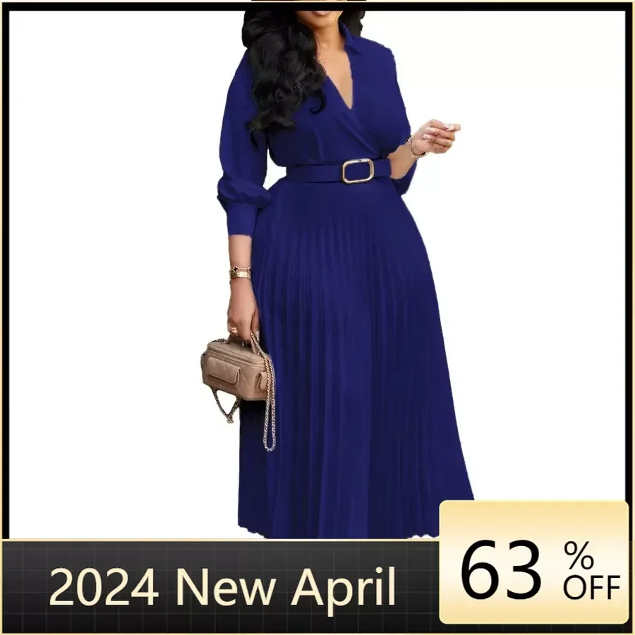 

Dress Women Clothes Plus Size Casual Pleated Party Maxi Dress Solid V-Neck Ruched Club Evening Long Frock Belt Set Spring Summer