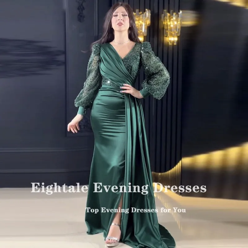 Eightale Dark Green Evening Dresses V-Neck Long Sleeves Satin Sequined Customized Mermaid Prom Party Gowns Vestidos De Noche