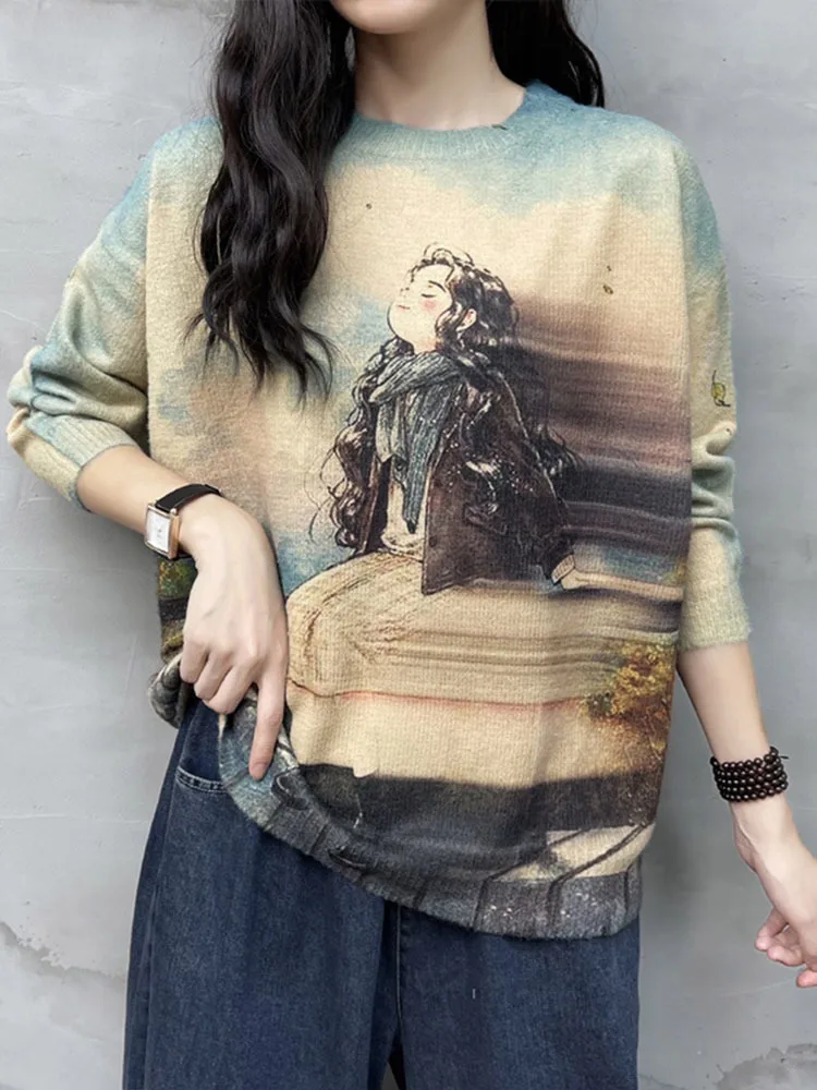 Max LuLu 2023 Autumn Fashion Cartoon Knitted Jumpers Womens Loose Printed Leisure Sweaters Ladies Warm Cotton Vintage Pullover