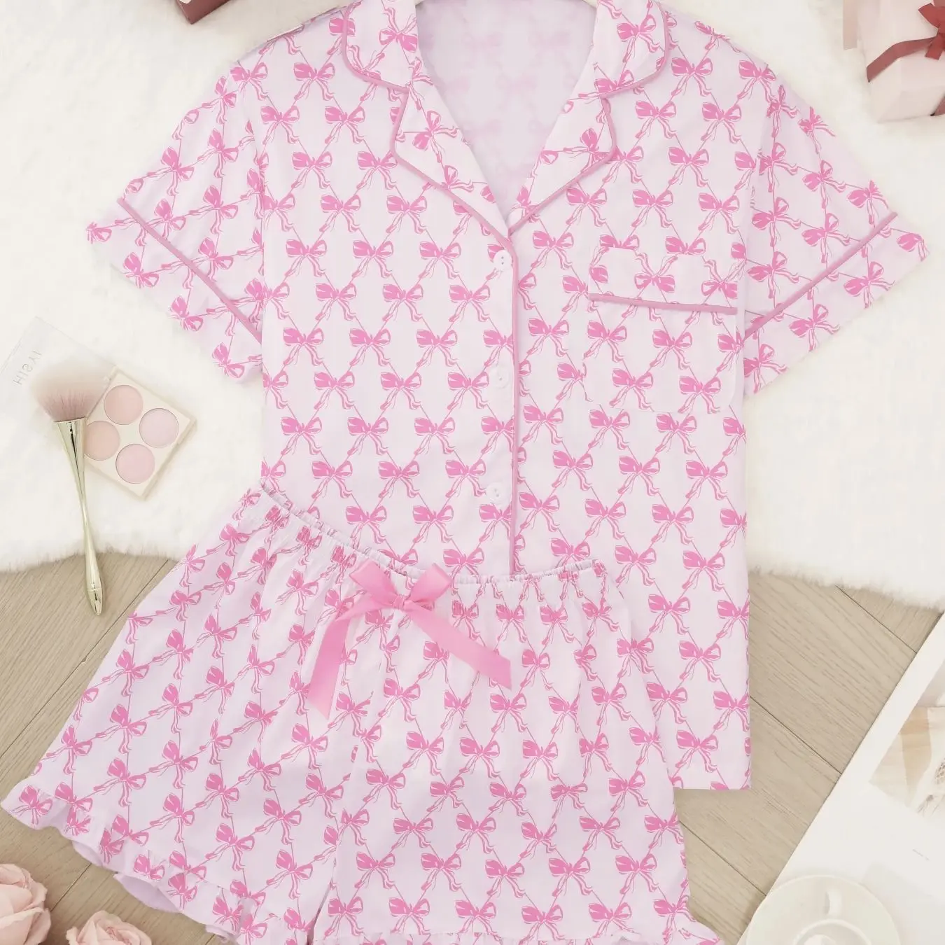 

Sweet foundation make-up all over printing bow print pajama suit women's lapel short sleeve shorts ballet style home clothes