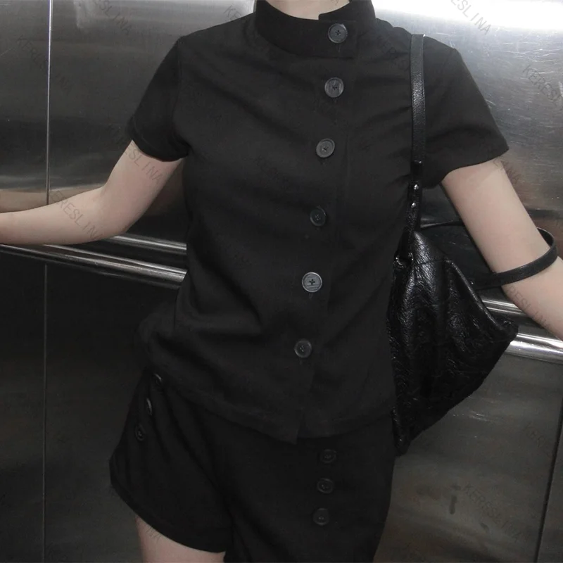 Harajuku  High Street Trendy Fashion Popular Comfortable Versatile Short Sleeve Half High Collar Top American Street Button Top