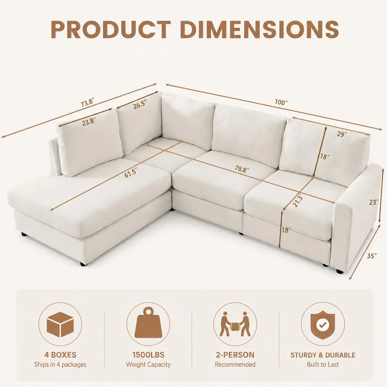 L-Shaped Sectional Sofa with Reversible Deep Chaise, Beige, Customized