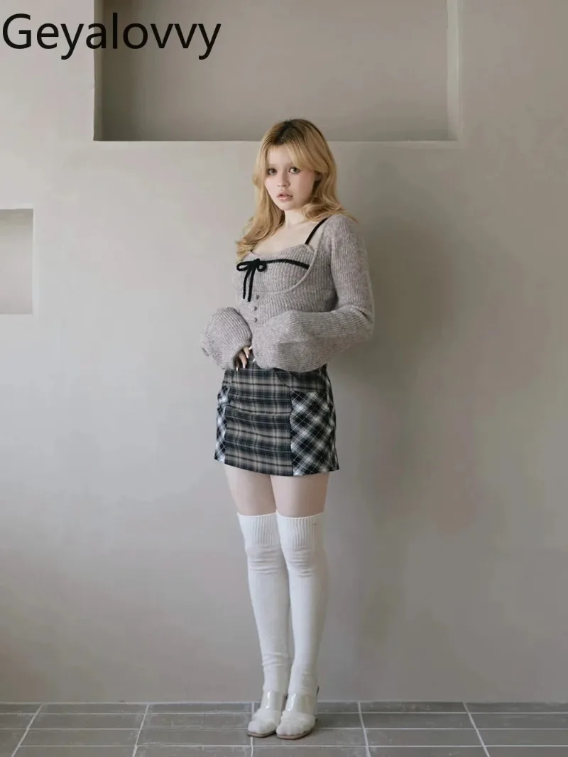 Autumn Winter Japanese Style Sweet Temperament Lady Long Sleeve Knitted Pullover Base Bowknot Vest Short Tops Two-Piece Set