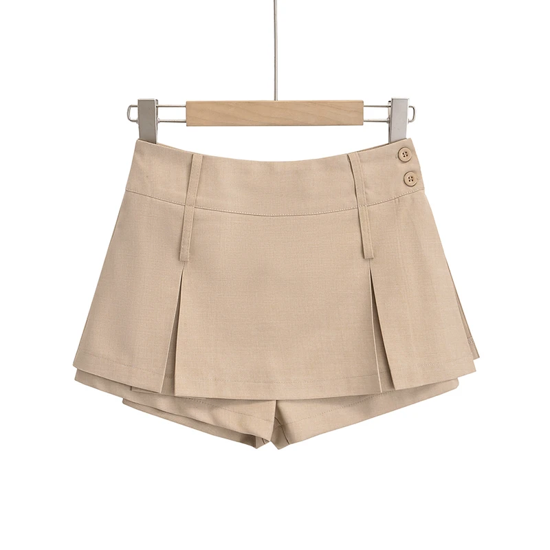 High Waist Short Pants Splice  Skirt Women's Vintage Double Hole Slit Pleated Skirt A-Line Half Body Skirt Street Style