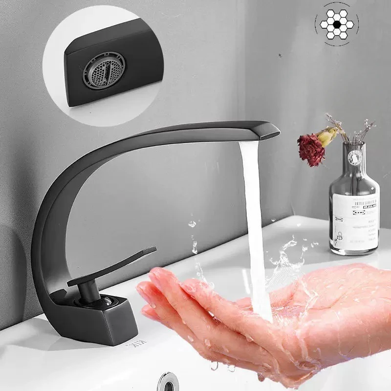 

Black Chrome Bathroom Basin Faucet Deck Mount Cold and Hot Water Brass Mixer Tap White/Golden Wash Tapware Curved Faucet
