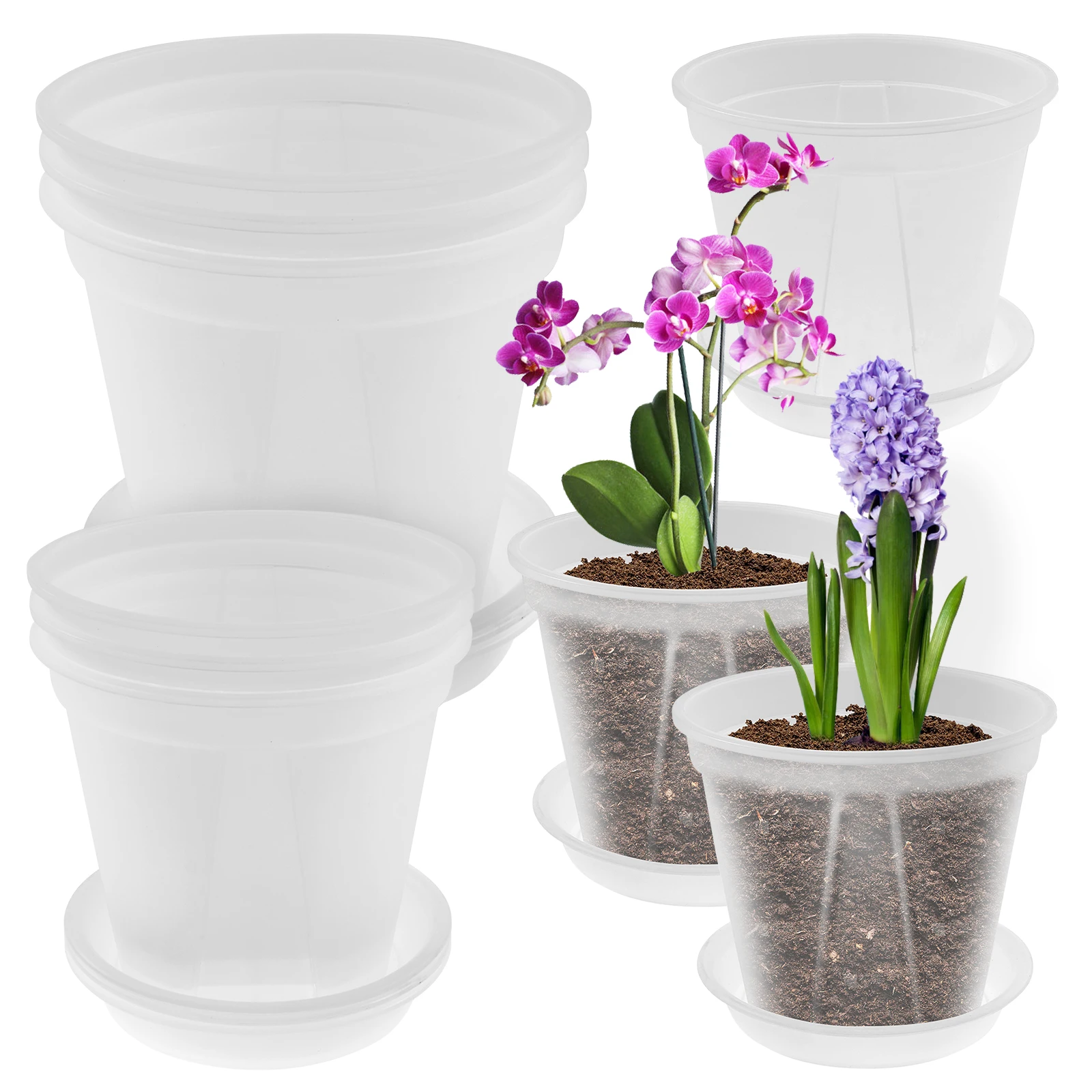 

9 шт./компл., прозрачный детский горшок 12/15/18 см с дренажными отверстиями, прозрачный пластиковый горшок для початков семян, поднос для цветочных растений