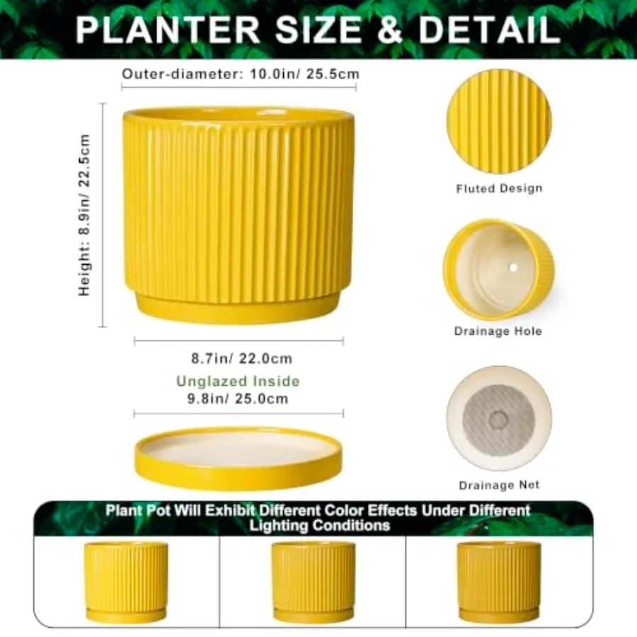 Ceramic Pots for Plants, 10 Inch Plant Pots with Tray, Yellow, Frost-Resistant and Drainage-Hole Design