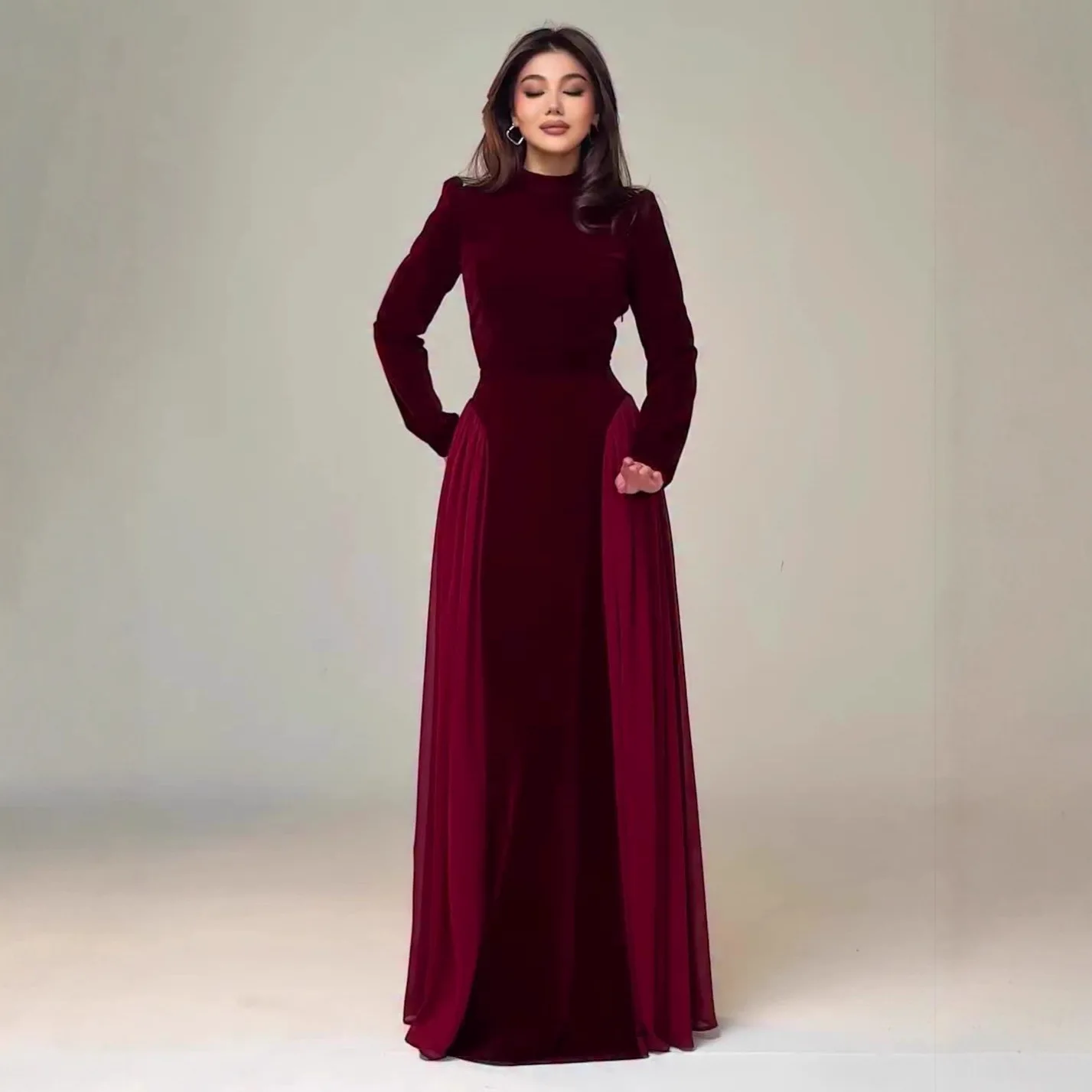 Women's Velvet Chiffon Paneled Long Dress - usage example