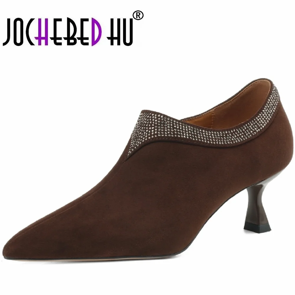 

【JOCHEBED HU】New Spring Sheep Suede Genuine Leather Women Shoes Pointed Toe Pumps Shoes for Deep Mouth Loafers 34-40