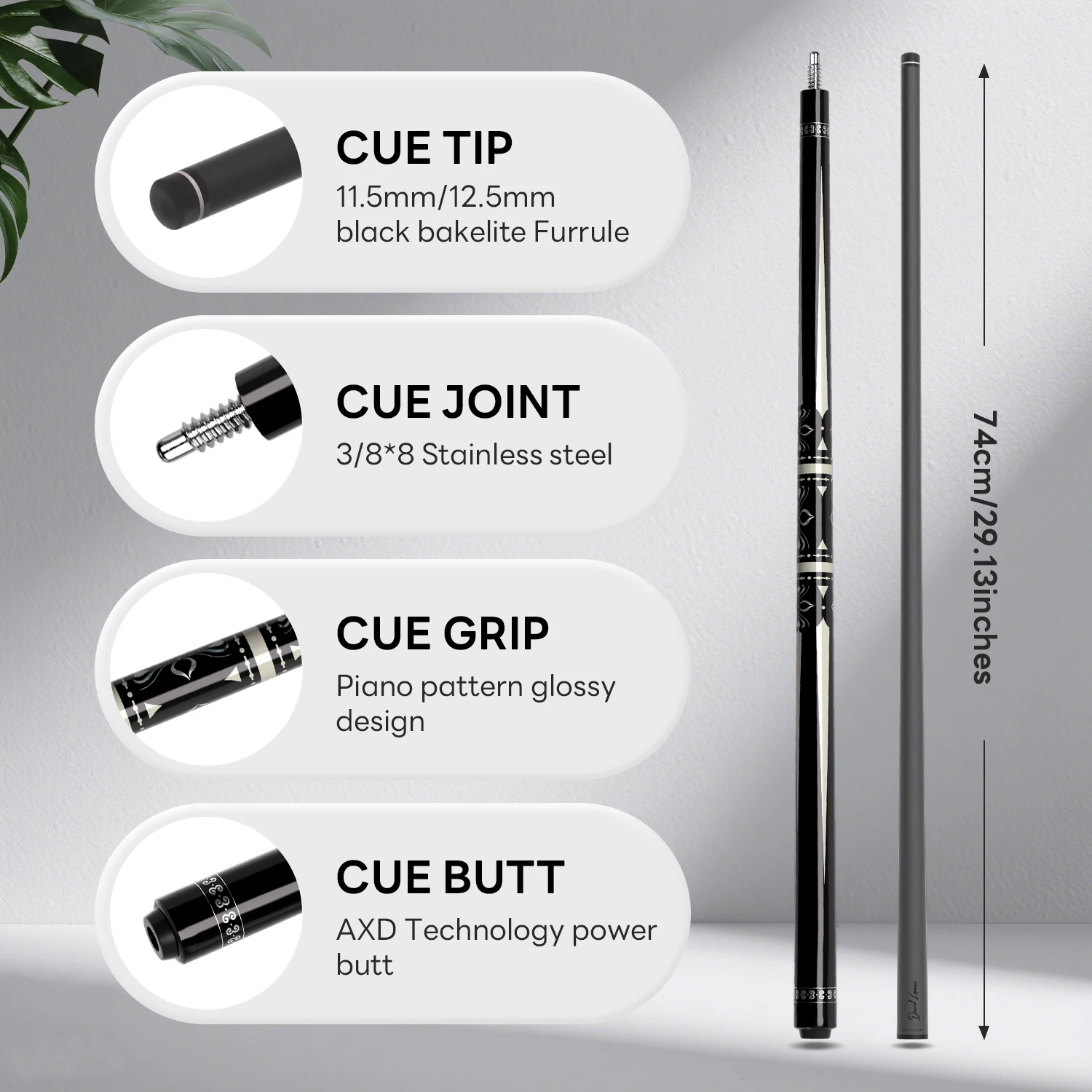 DAVID LOMAN koolstofvezel zwembadkeu148cm, 3/8 * 8-pins verbinding en 11,5 mm penpunt, zwarte bakeliet ferrule